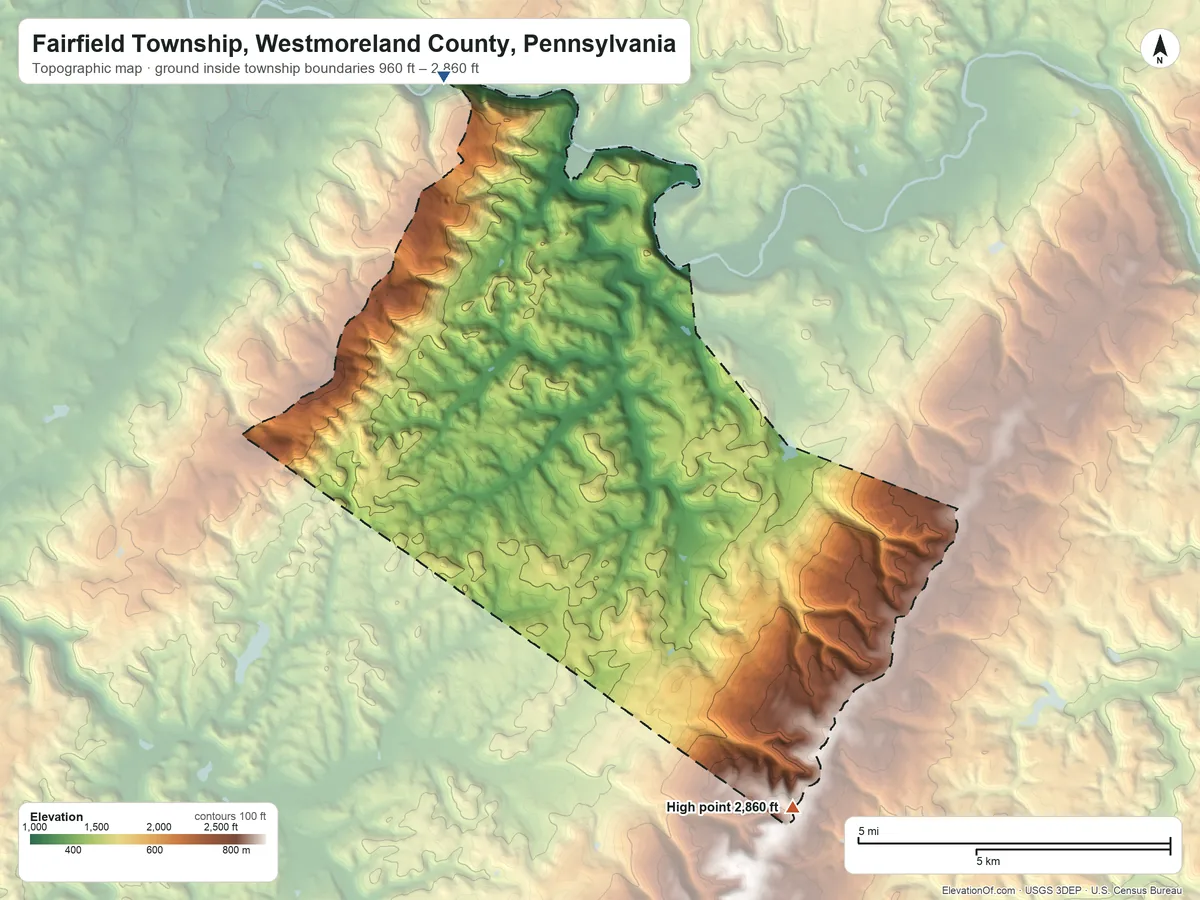 Topographic elevation map of Fairfield Township, Westmoreland County, Pennsylvania, shaded from 960 ft on the northwest side to 2,860 ft on Irwin Hill