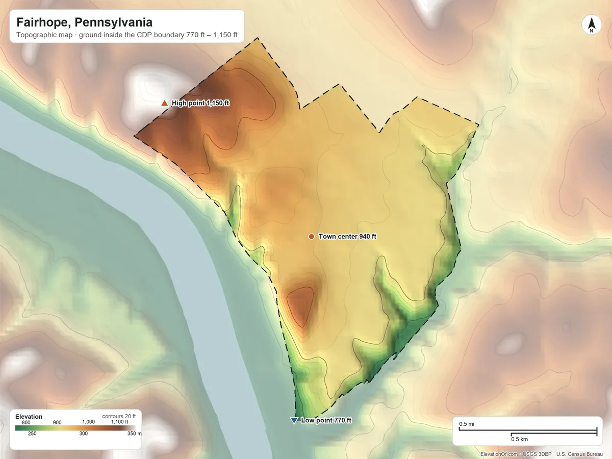 Topographic elevation map of Fairhope, Pennsylvania, shaded from 770 ft on the south side to 1,150 ft on the northwest side
