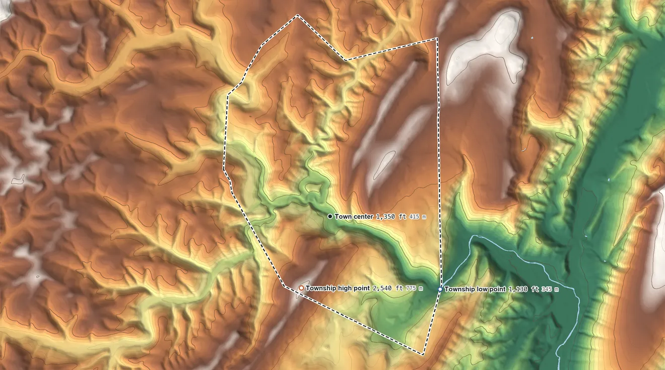 Topographic elevation map of Fairhope Township, Pennsylvania, shaded from 1,130 ft on the southeast side to 2,540 ft on the south side