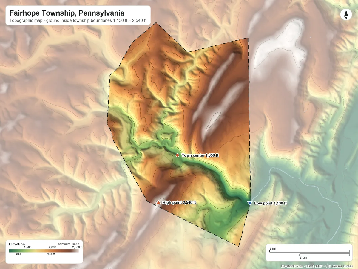 Topographic elevation map of Fairhope Township, Pennsylvania, shaded from 1,130 ft on the southeast side to 2,540 ft on the south side