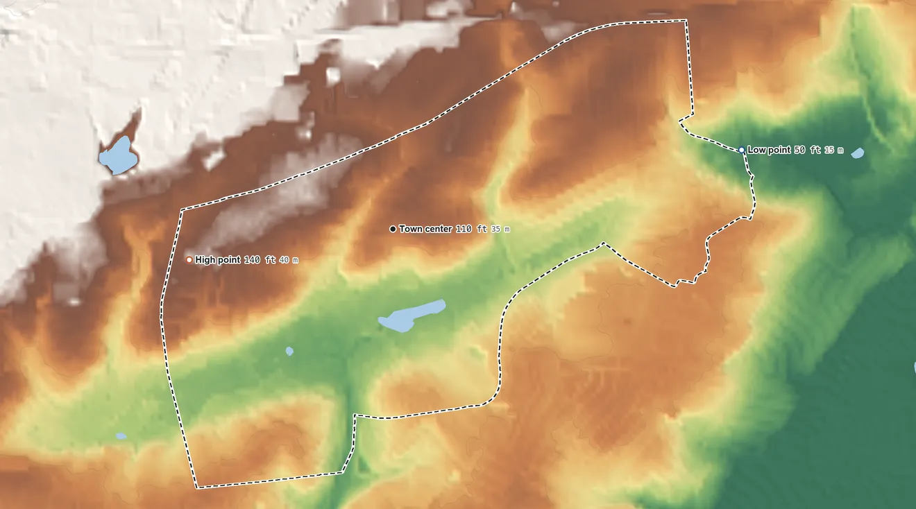 Topographic elevation map of Fairless Hills, Pennsylvania, shaded from 50 ft on the east side to 140 ft on the west side