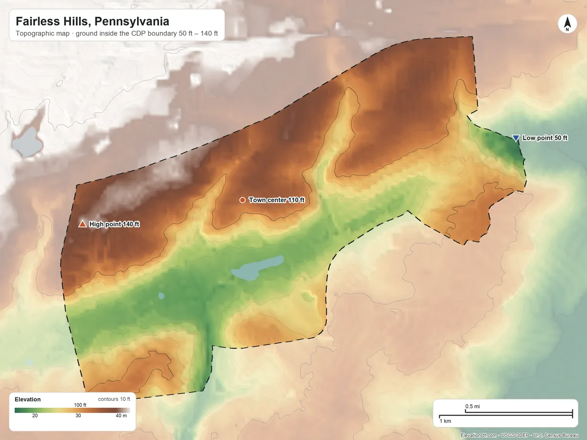 Topographic elevation map of Fairless Hills, Pennsylvania, shaded from 50 ft on the east side to 140 ft on the west side