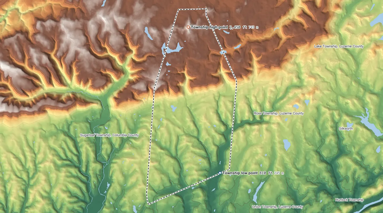 Topographic elevation map of Fairmount Township, Pennsylvania, shaded from 810 ft on the southeast side to 2,450 ft on North Mountain