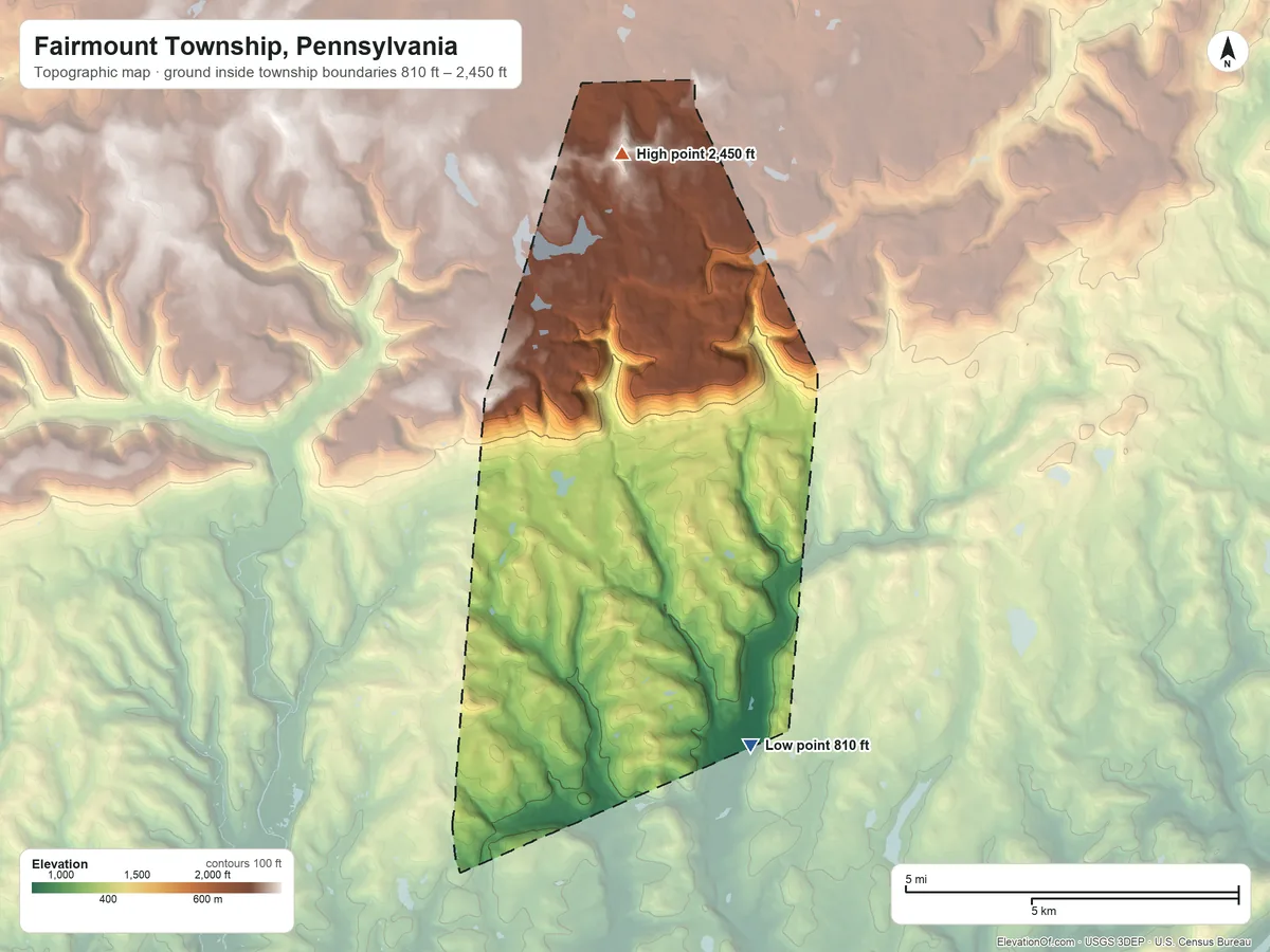 Topographic elevation map of Fairmount Township, Pennsylvania, shaded from 810 ft on the southeast side to 2,450 ft on North Mountain