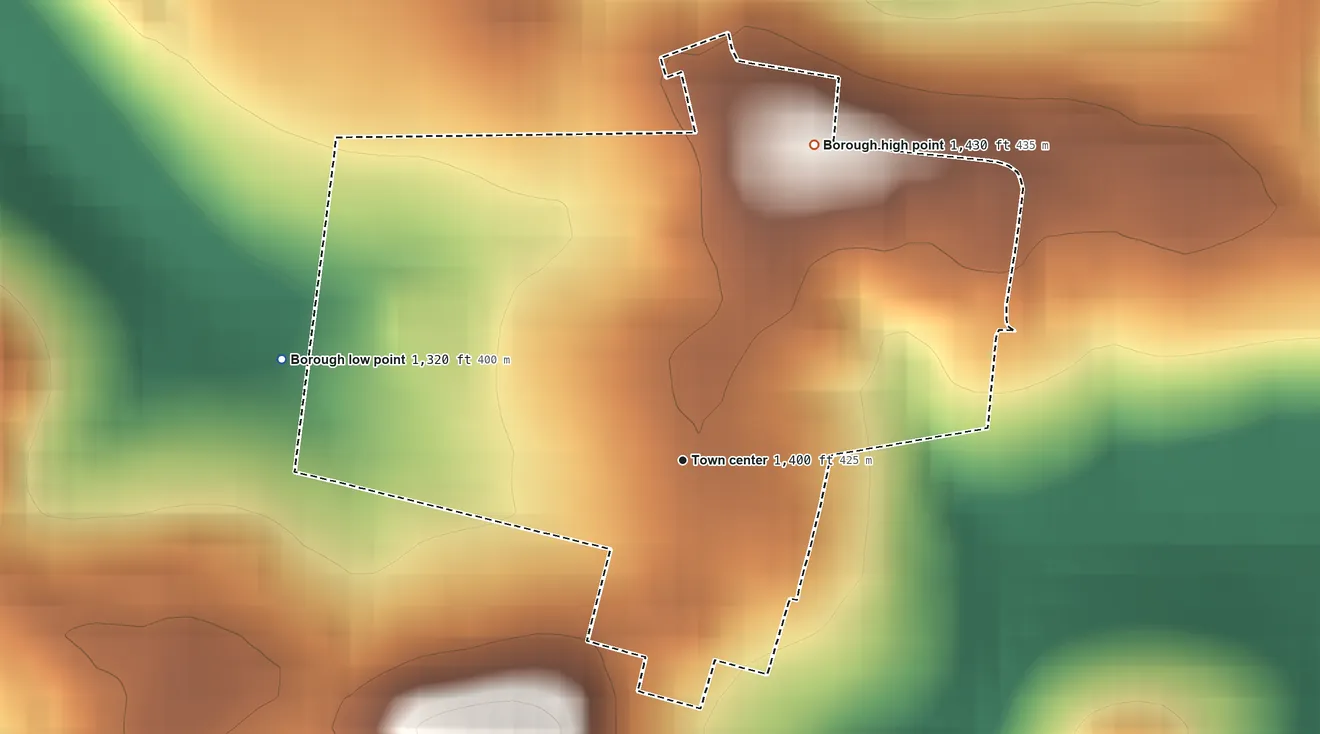 Topographic elevation map of Borough of Fairview, Pennsylvania, shaded from 1,320 ft on the west side to 1,430 ft on the northeast side