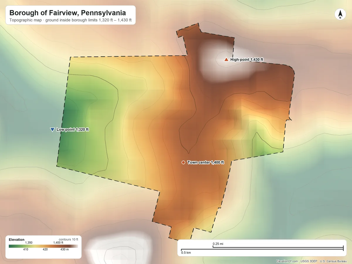 Topographic elevation map of Borough of Fairview, Pennsylvania, shaded from 1,320 ft on the west side to 1,430 ft on the northeast side