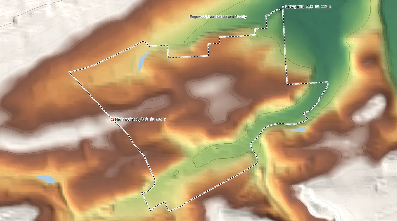 Topographic elevation map of Fairview-Ferndale, Pennsylvania, shaded from 720 ft on the northeast side to 1,030 ft at the foot of the Little Mountain