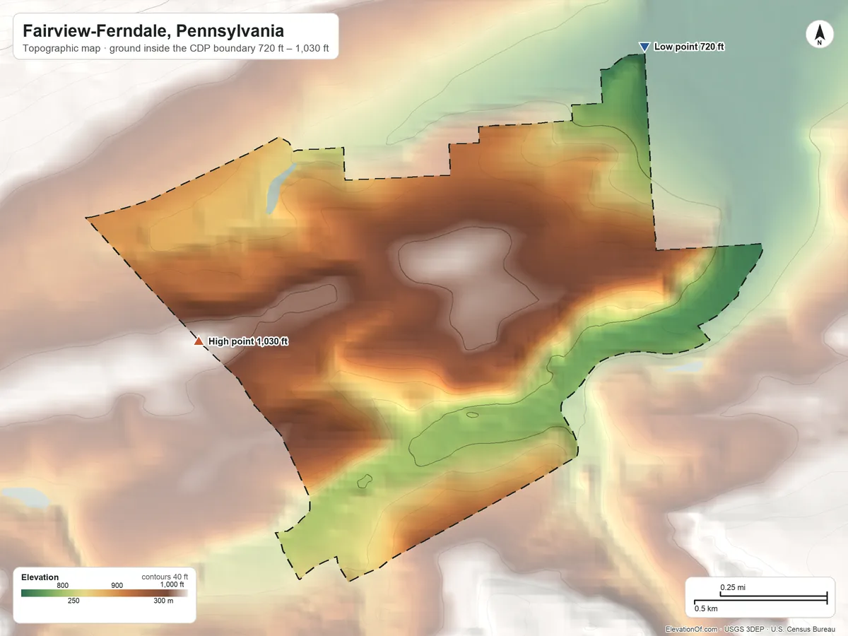 Topographic elevation map of Fairview-Ferndale, Pennsylvania, shaded from 720 ft on the northeast side to 1,030 ft at the foot of the Little Mountain