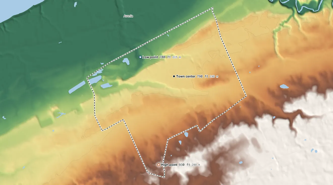 Topographic elevation map of Fairview, Pennsylvania, shaded from 700 ft on the northwest side to 930 ft on the south side