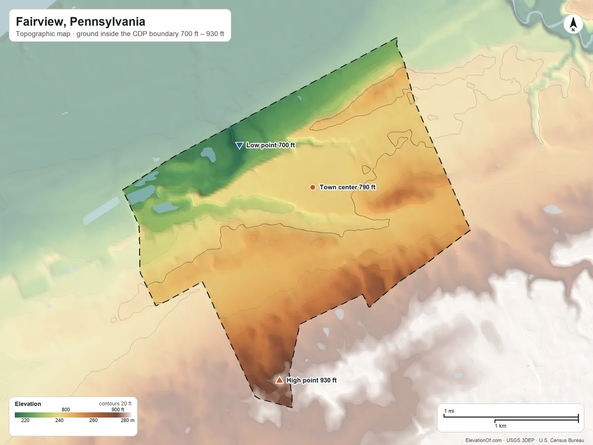 Topographic elevation map of Fairview, Pennsylvania, shaded from 700 ft on the northwest side to 930 ft on the south side