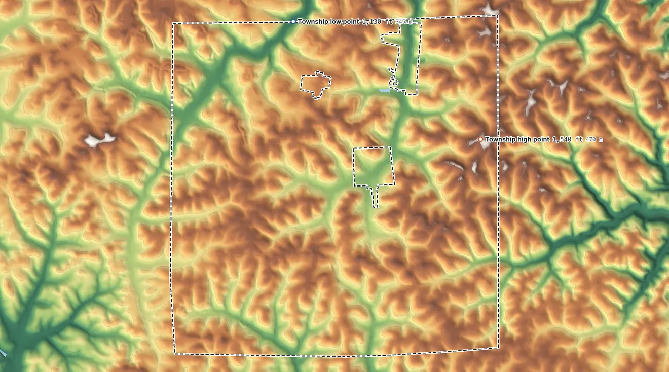 Topographic elevation map of Fairview Township, Butler County, Pennsylvania, shaded from 1,130 ft on the north side to 1,540 ft on the northeast side