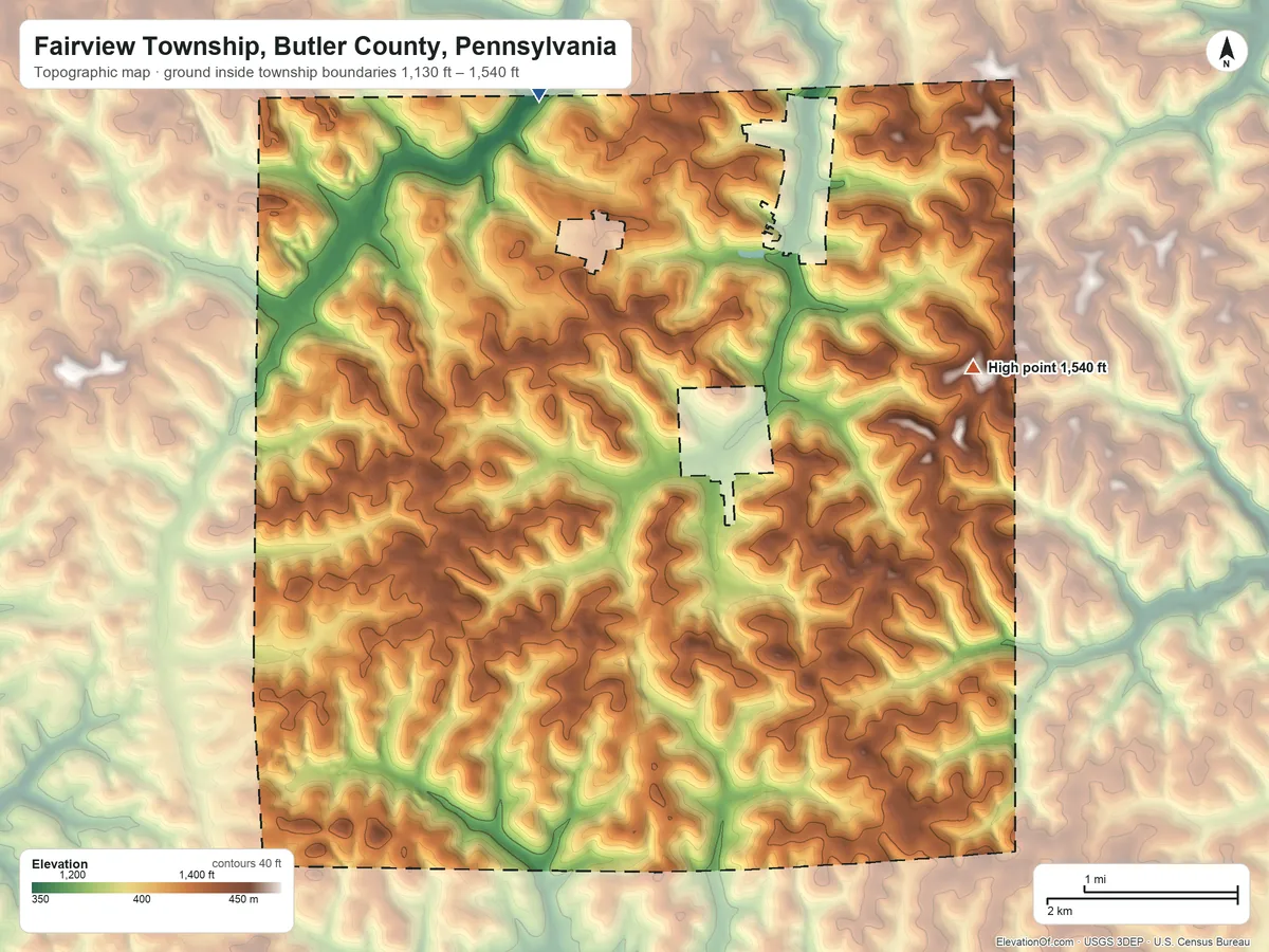 Topographic elevation map of Fairview Township, Butler County, Pennsylvania, shaded from 1,130 ft on the north side to 1,540 ft on the northeast side