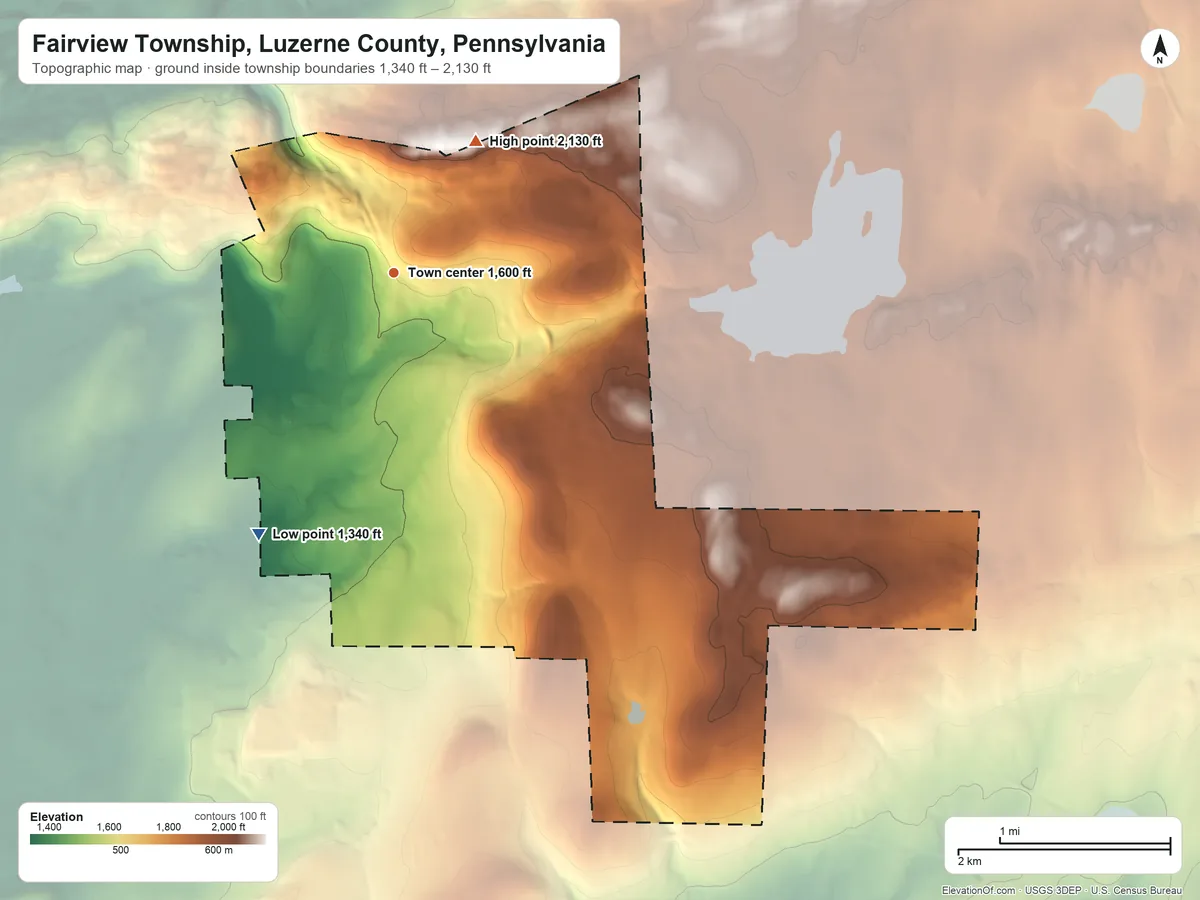 Topographic elevation map of Fairview Township, Luzerne County, Pennsylvania, shaded from 1,340 ft on the southwest side to 2,130 ft on the northeast side