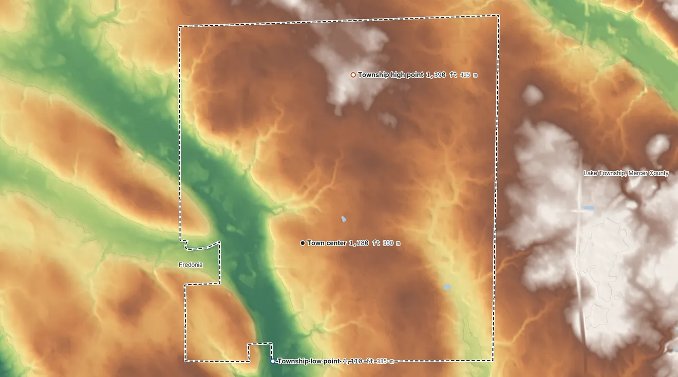 Topographic elevation map of Fairview Township, Mercer County, Pennsylvania, shaded from 1,110 ft on the south side to 1,390 ft on the north side