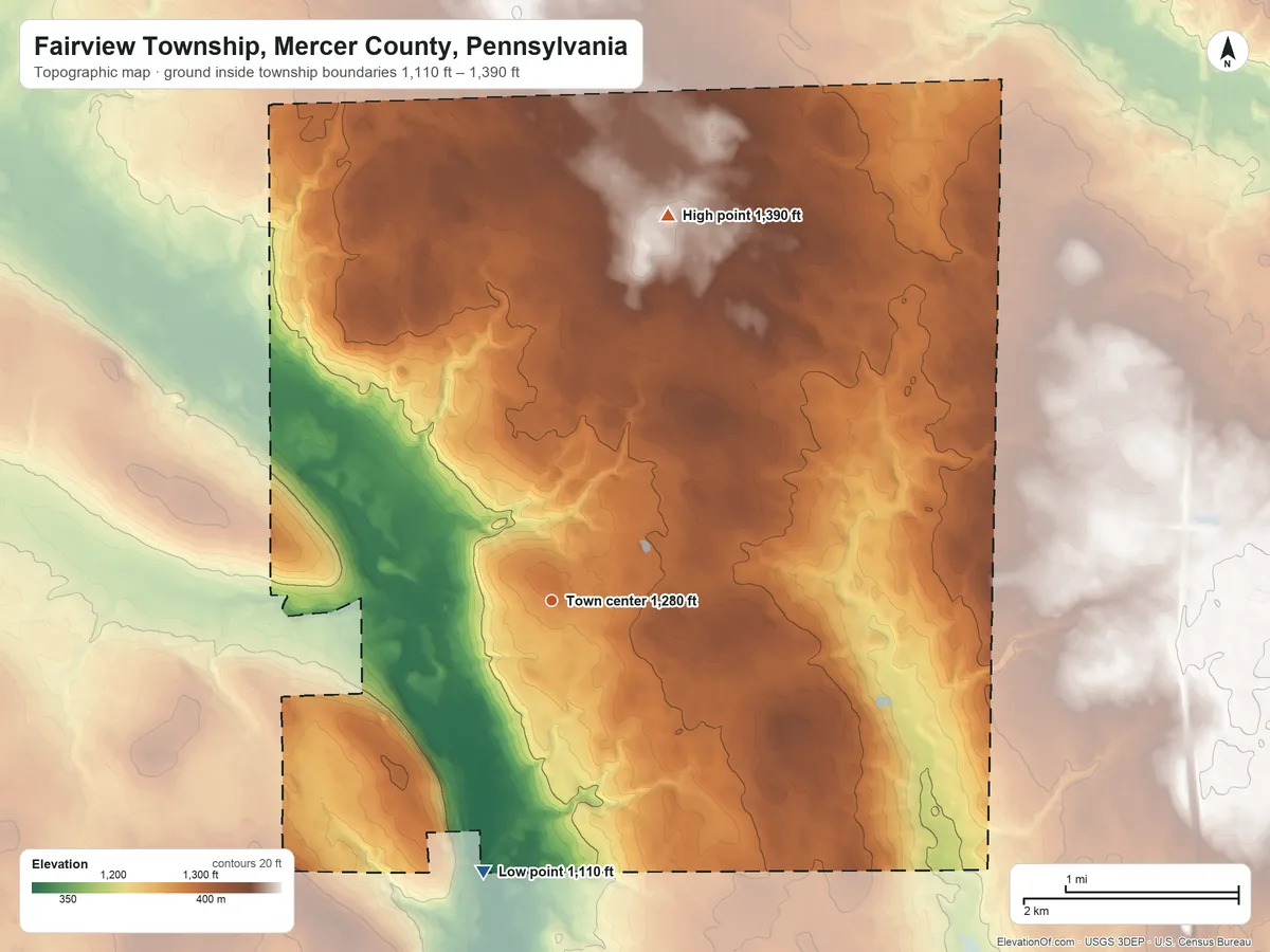 Topographic elevation map of Fairview Township, Mercer County, Pennsylvania, shaded from 1,110 ft on the south side to 1,390 ft on the north side