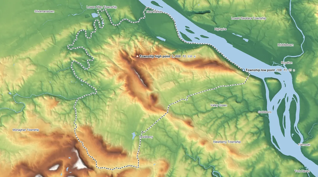 Topographic elevation map of Fairview Township, Pennsylvania, shaded from 280 ft on the east side to 1,080 ft near the middle