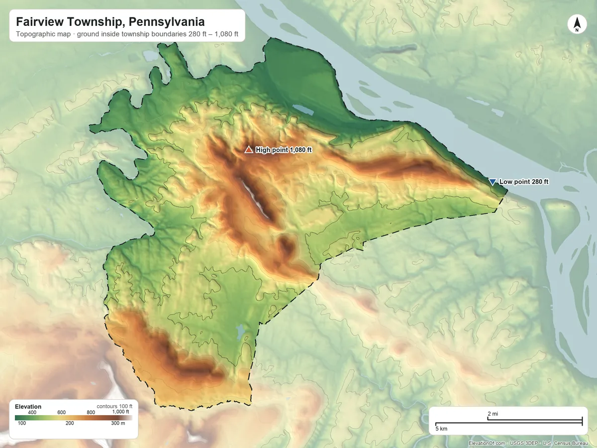 Topographic elevation map of Fairview Township, Pennsylvania, shaded from 280 ft on the east side to 1,080 ft near the middle
