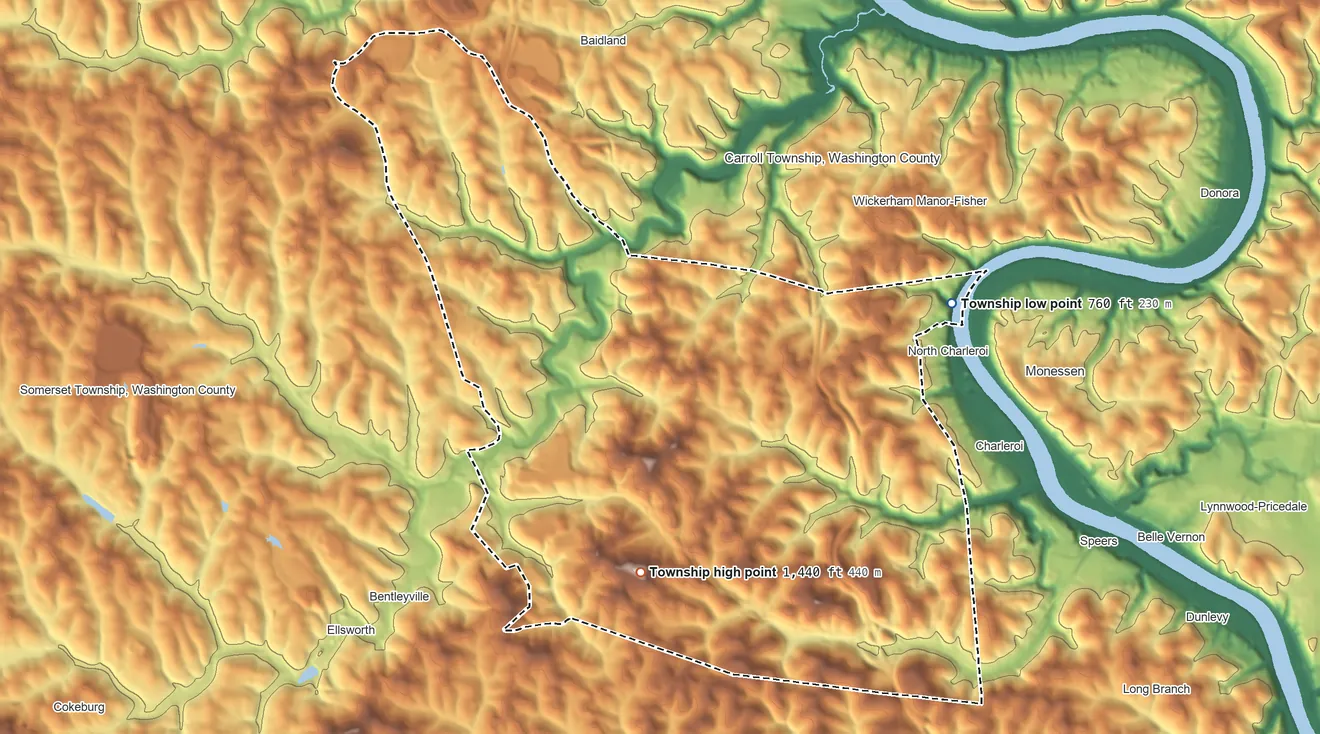 Topographic elevation map of Fallowfield Township, Pennsylvania, shaded from 760 ft on the northeast side to 1,440 ft on the southwest side