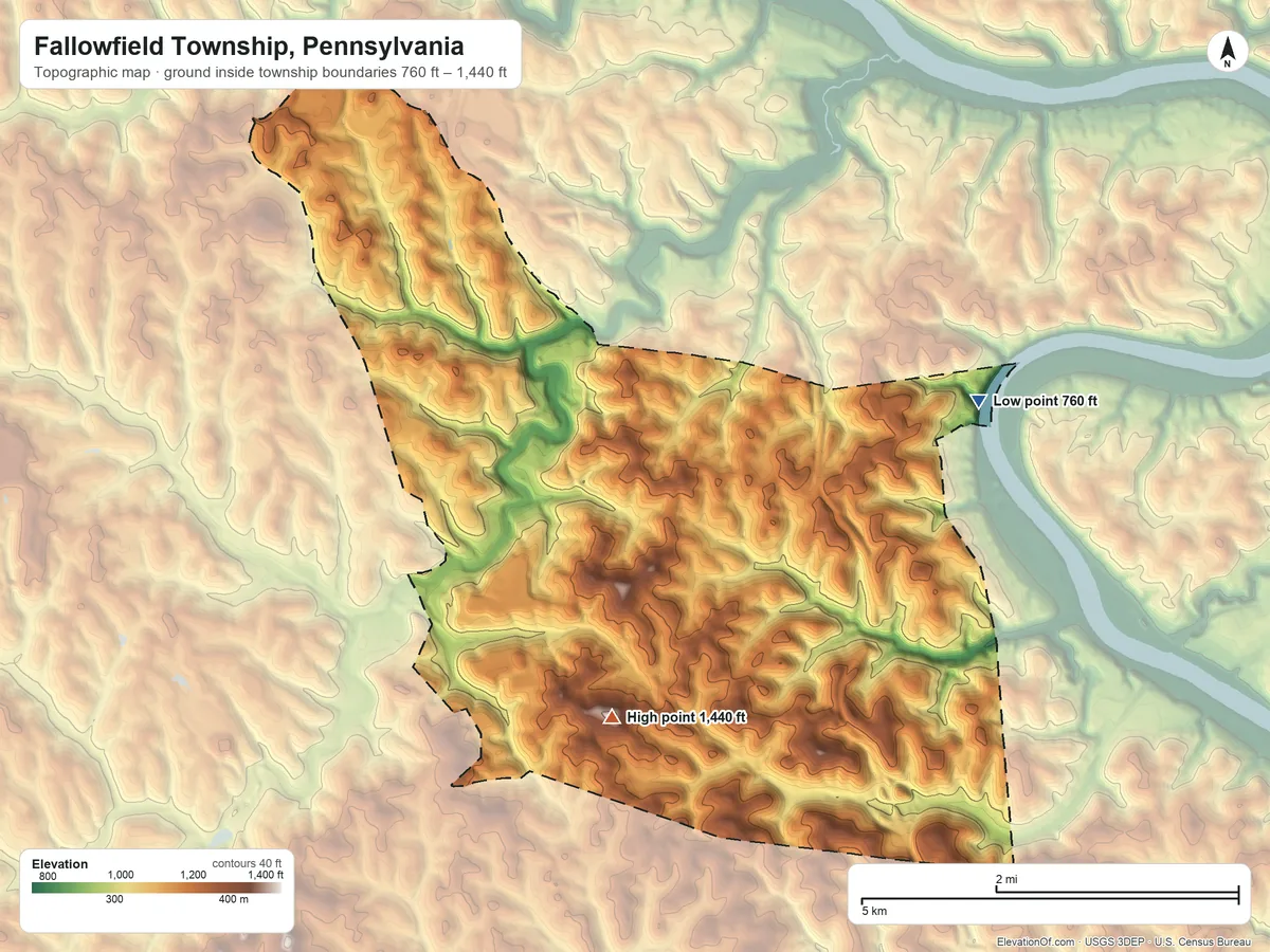 Topographic elevation map of Fallowfield Township, Pennsylvania, shaded from 760 ft on the northeast side to 1,440 ft on the southwest side