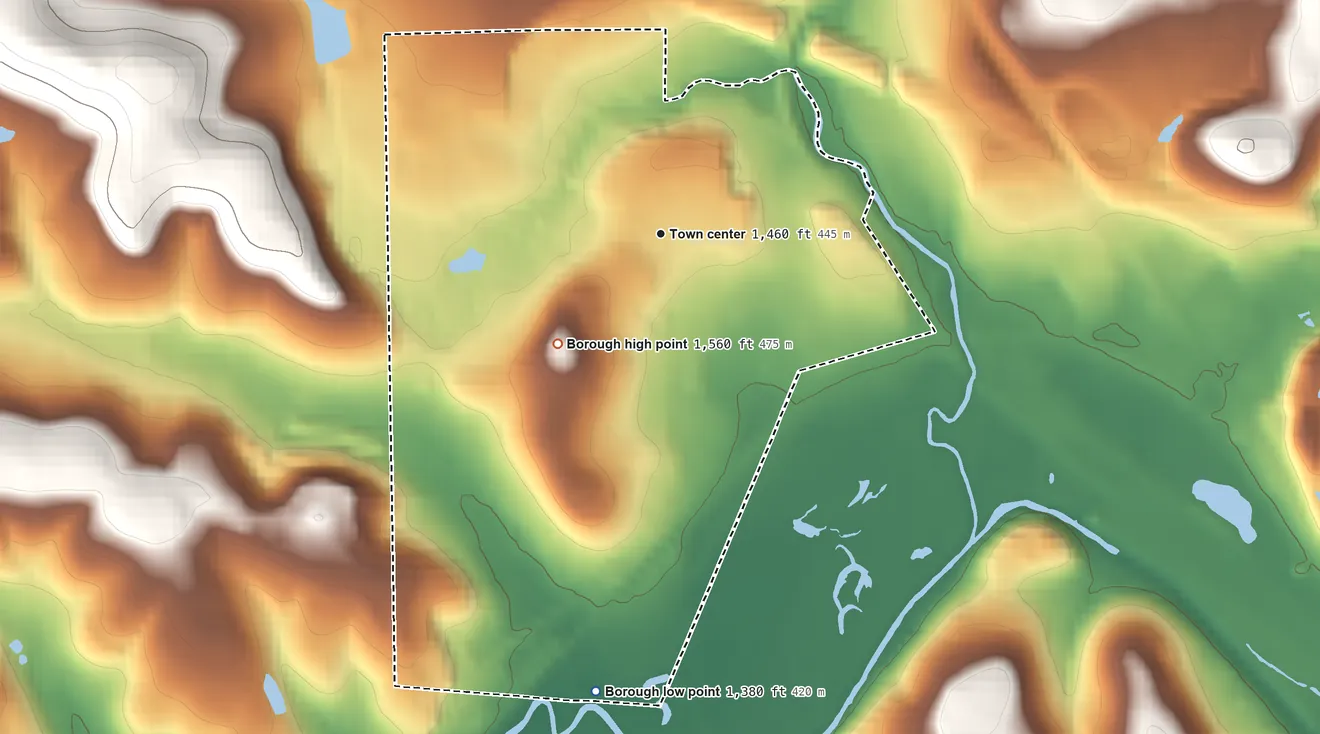 Topographic elevation map of Falls Creek, Pennsylvania, shaded from 1,380 ft on the south side to 1,560 ft on the southwest side
