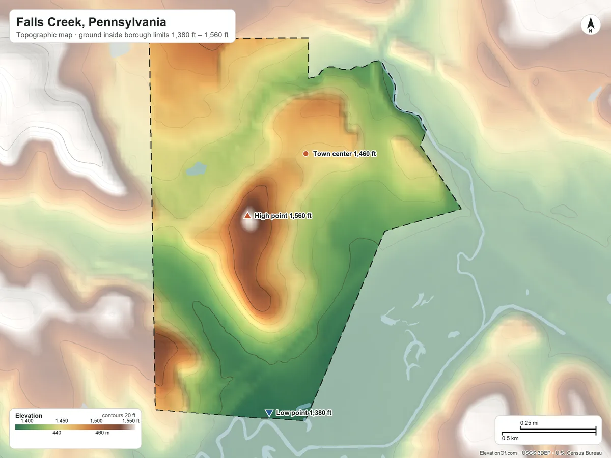 Topographic elevation map of Falls Creek, Pennsylvania, shaded from 1,380 ft on the south side to 1,560 ft on the southwest side