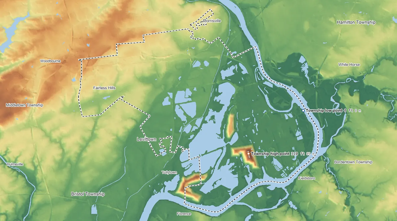 Topographic elevation map of Falls Township, Pennsylvania, shaded from 0 ft on the east side to 310 ft on the southeast side