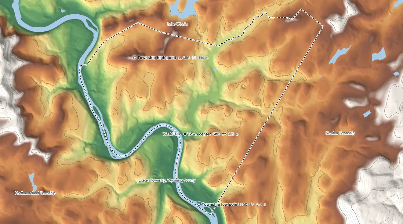 Topographic elevation map of Falls Township, Wyoming County, Pennsylvania, shaded from 550 ft on the south side to 1,480 ft on Post Hill