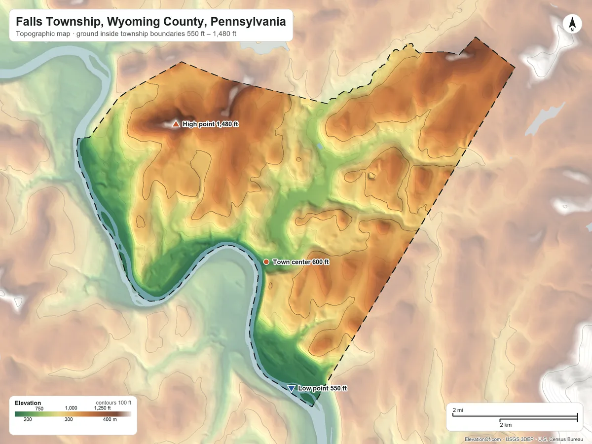 Topographic elevation map of Falls Township, Wyoming County, Pennsylvania, shaded from 550 ft on the south side to 1,480 ft on Post Hill