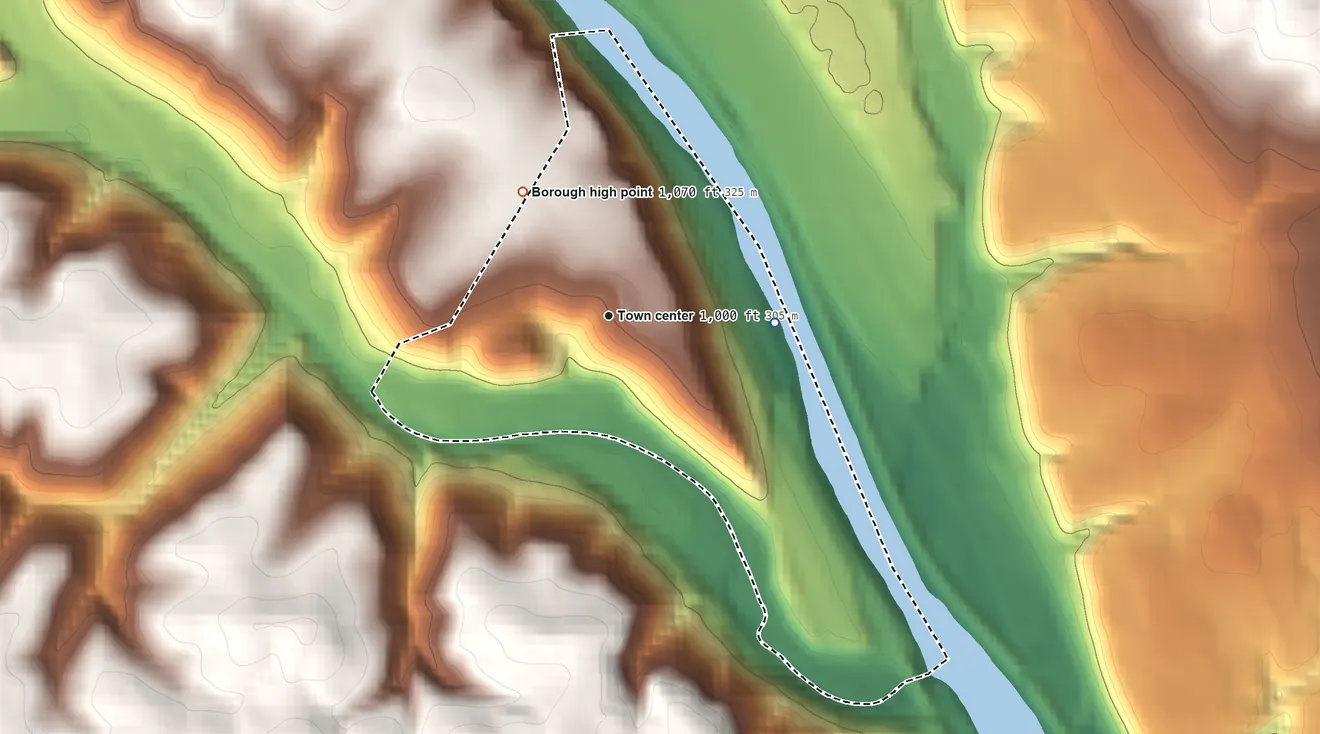 Topographic elevation map of Fallston, Pennsylvania, shaded from 690 ft on the east side to 1,070 ft on the northwest side