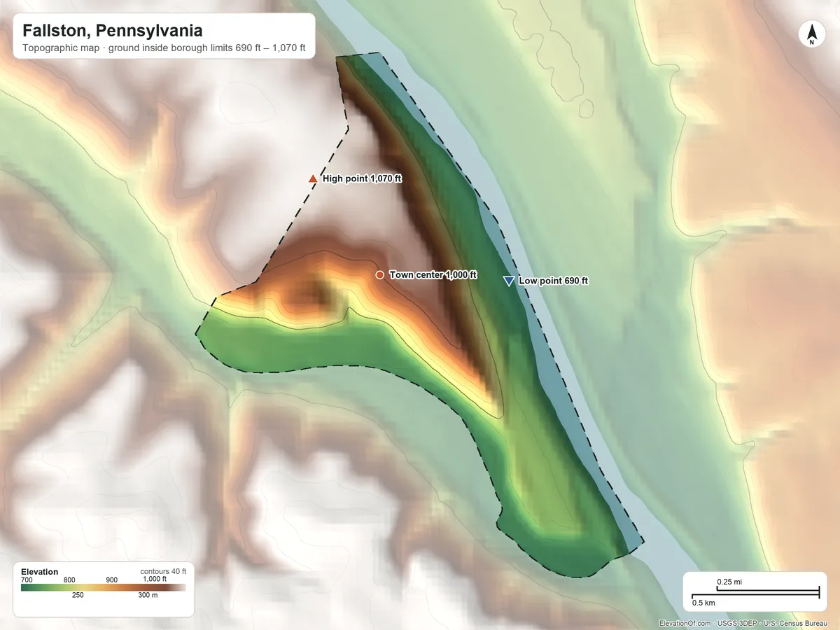 Topographic elevation map of Fallston, Pennsylvania, shaded from 690 ft on the east side to 1,070 ft on the northwest side