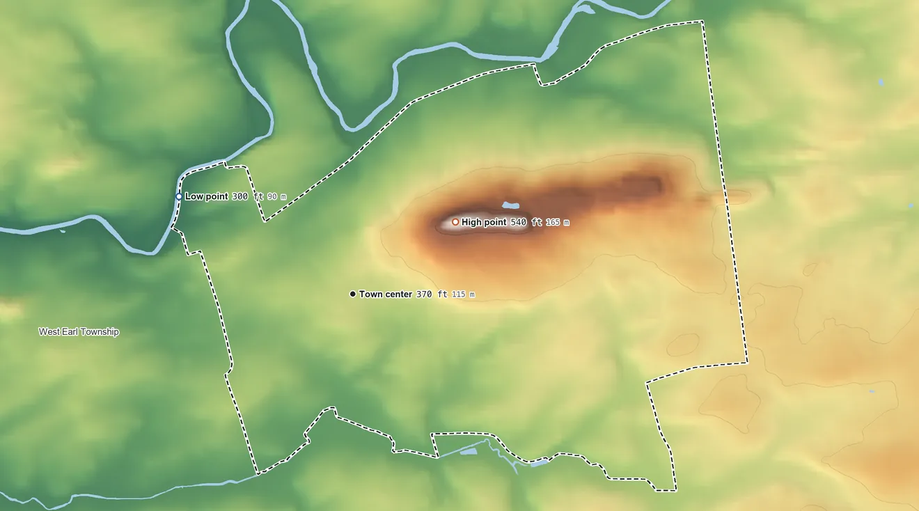Topographic elevation map of Farmersville, Pennsylvania, shaded from 300 ft on the northwest side to 540 ft on the northeast side
