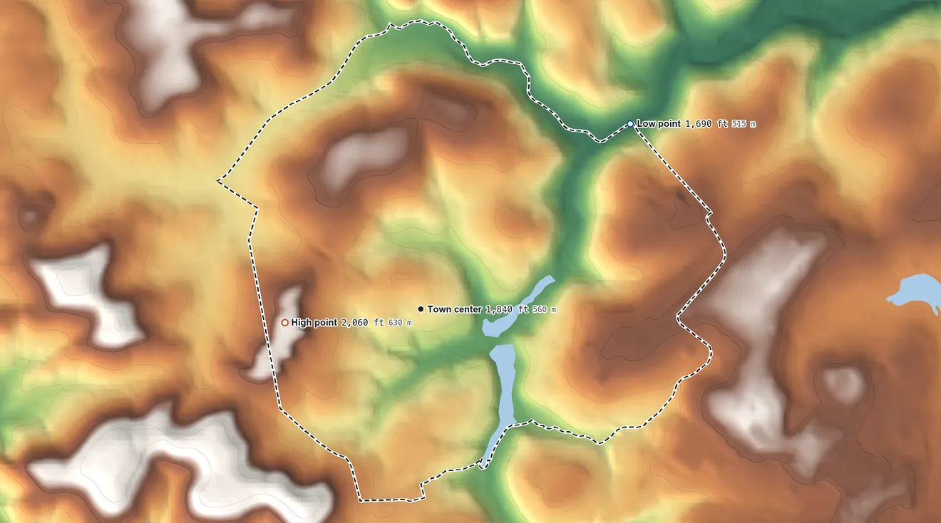 Topographic elevation map of Farmington, Pennsylvania, shaded from 1,690 ft on the northeast side to 2,060 ft on Hager Hill