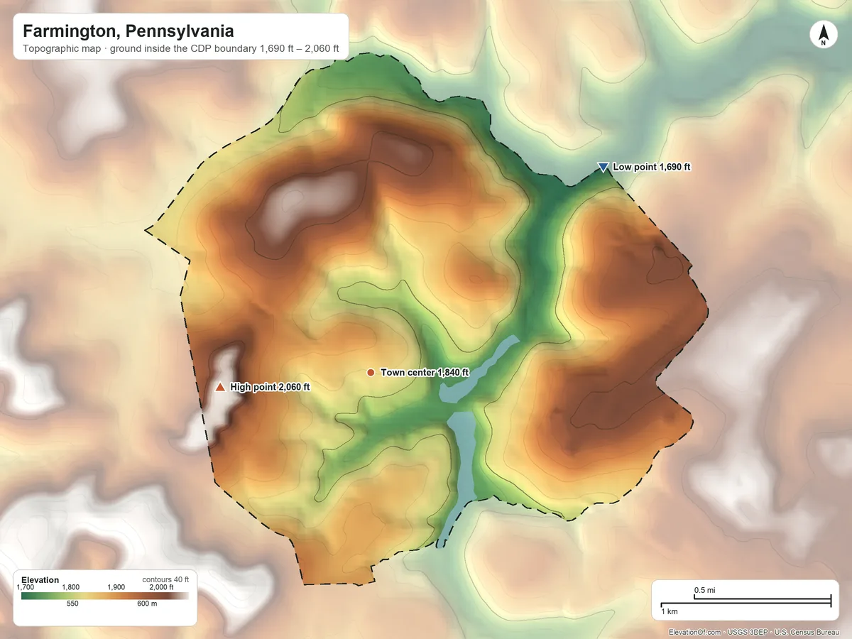 Topographic elevation map of Farmington, Pennsylvania, shaded from 1,690 ft on the northeast side to 2,060 ft on Hager Hill
