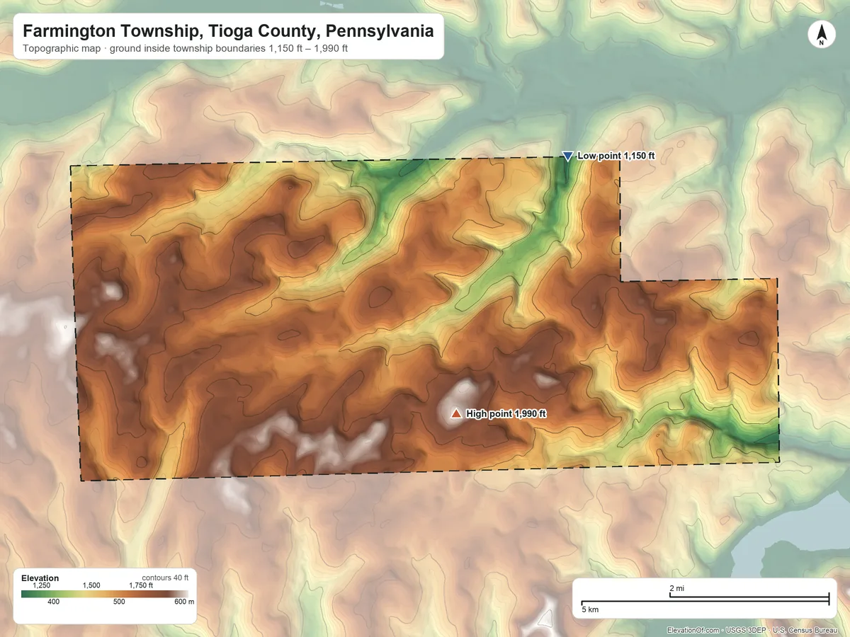 Topographic elevation map of Farmington Township, Tioga County, Pennsylvania, shaded from 1,150 ft on the northeast side to 1,990 ft near the middle