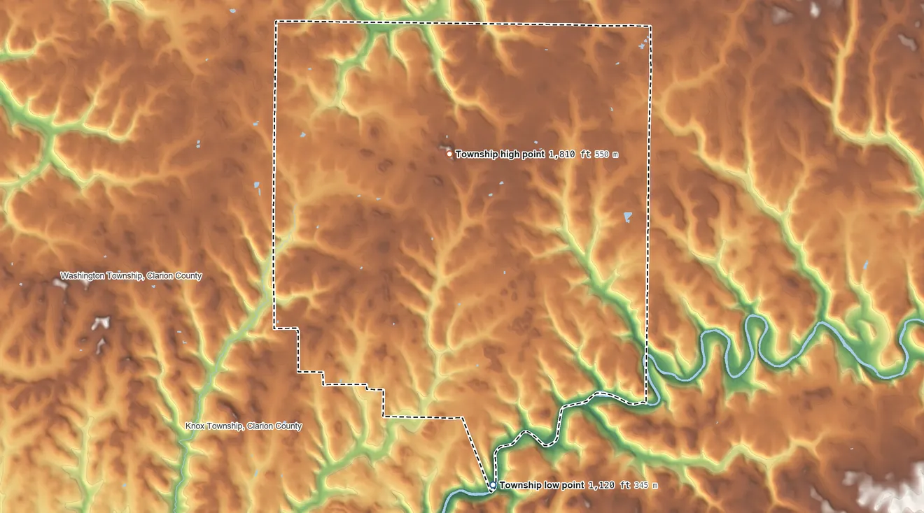 Topographic elevation map of Farmington Township, Pennsylvania, shaded from 1,120 ft on the south side to 1,810 ft near the middle