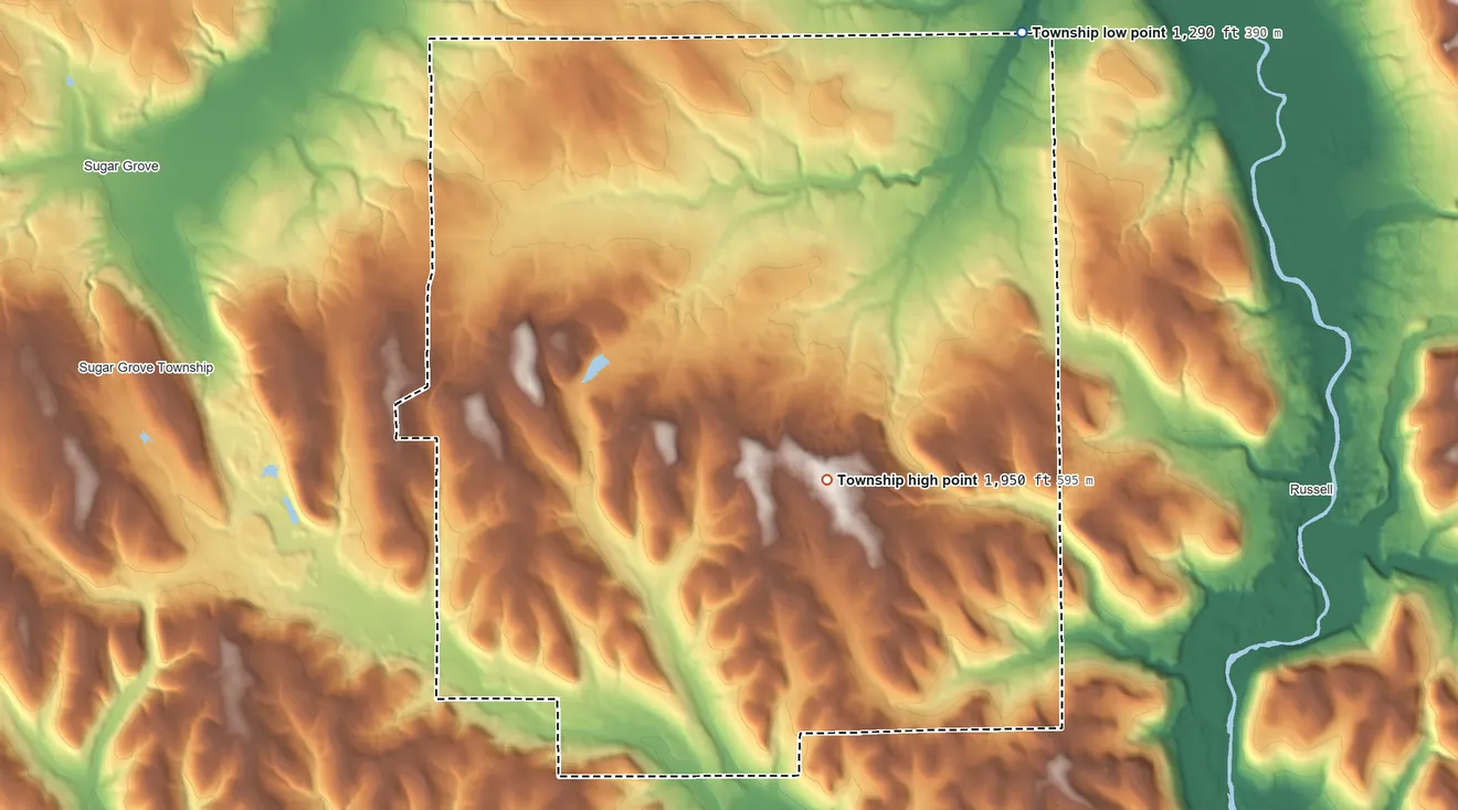 Topographic elevation map of Farmington Township, Warren County, Pennsylvania, shaded from 1,290 ft on the northeast side to 1,950 ft on the southeast side