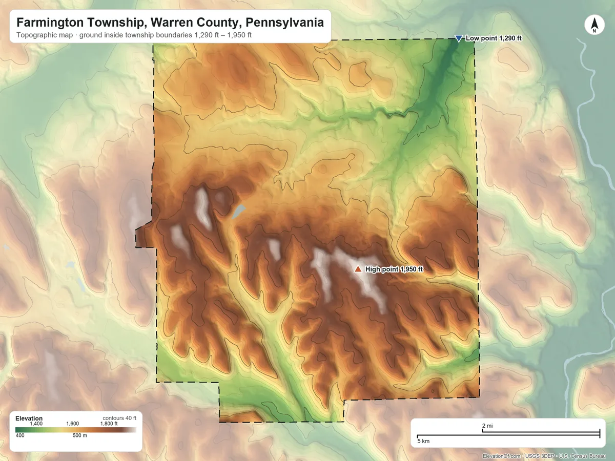 Topographic elevation map of Farmington Township, Warren County, Pennsylvania, shaded from 1,290 ft on the northeast side to 1,950 ft on the southeast side