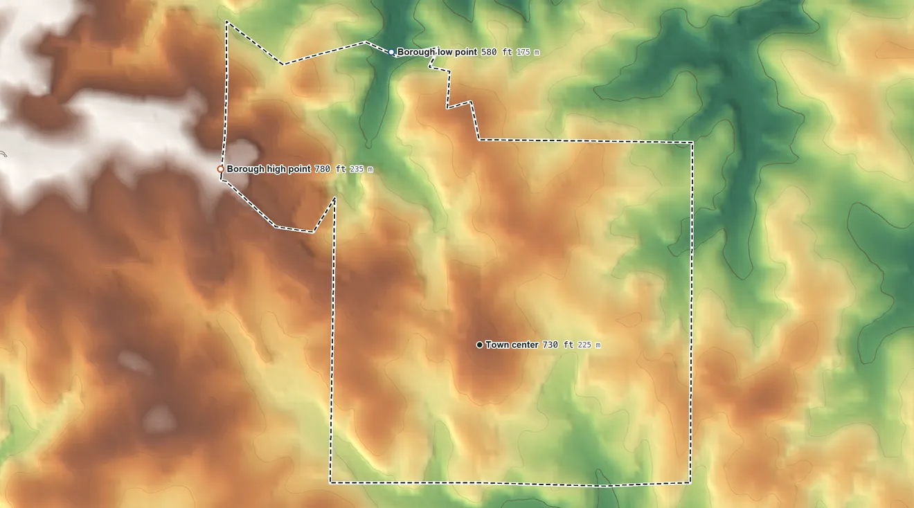Topographic elevation map of Fawn Grove, Pennsylvania, shaded from 580 ft on the north side to 780 ft on the northwest side