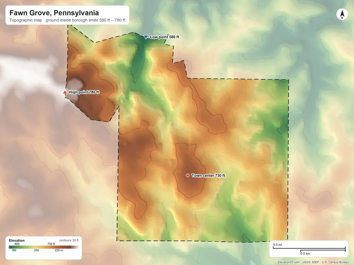 Topographic elevation map of Fawn Grove, Pennsylvania, shaded from 580 ft on the north side to 780 ft on the northwest side