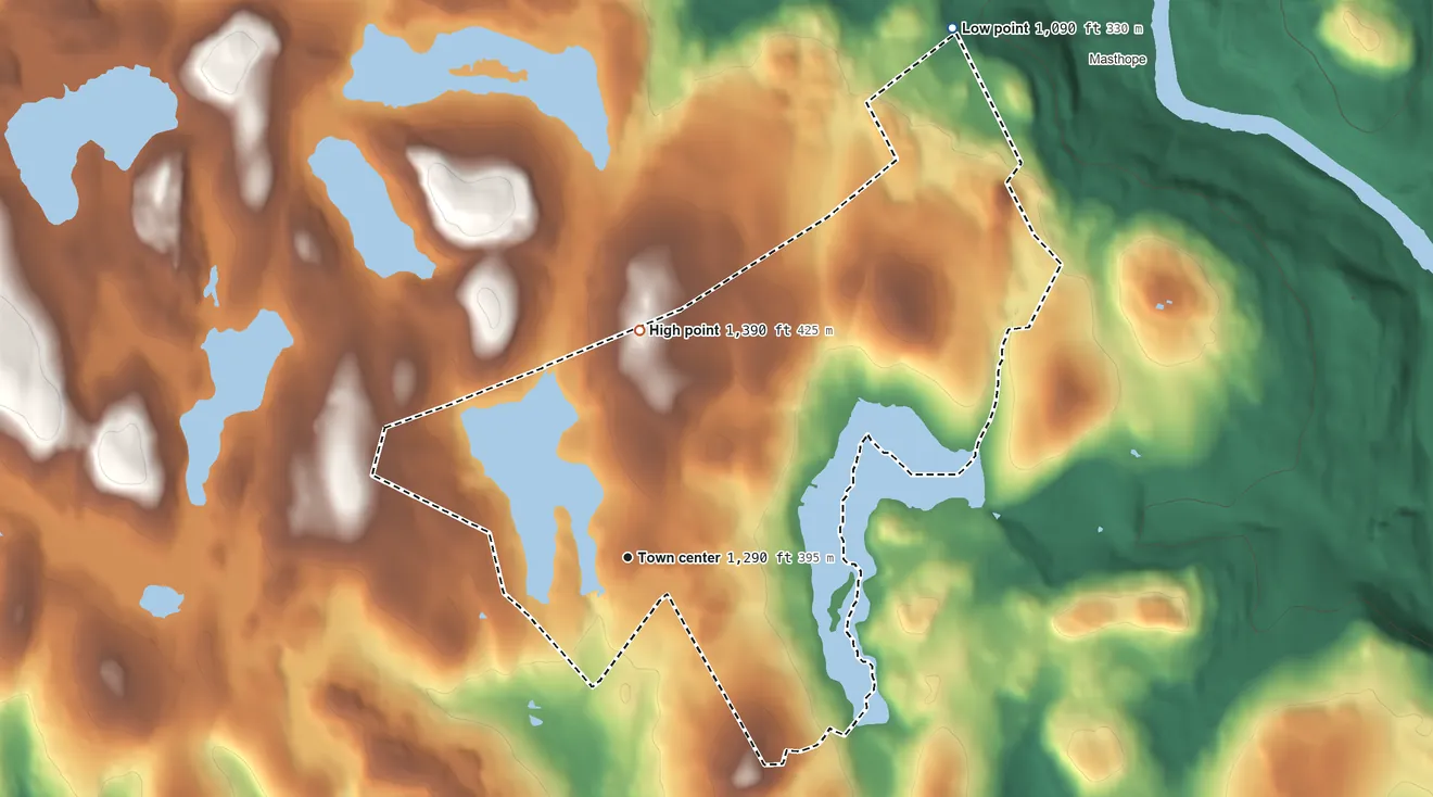 Topographic elevation map of Fawn Lake Forest, Pennsylvania, shaded from 1,090 ft on the northeast side to 1,390 ft on the north side