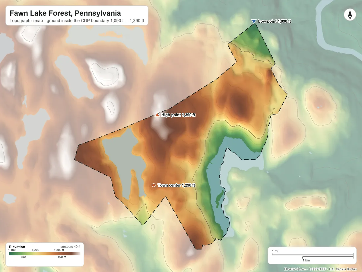 Topographic elevation map of Fawn Lake Forest, Pennsylvania, shaded from 1,090 ft on the northeast side to 1,390 ft on the north side