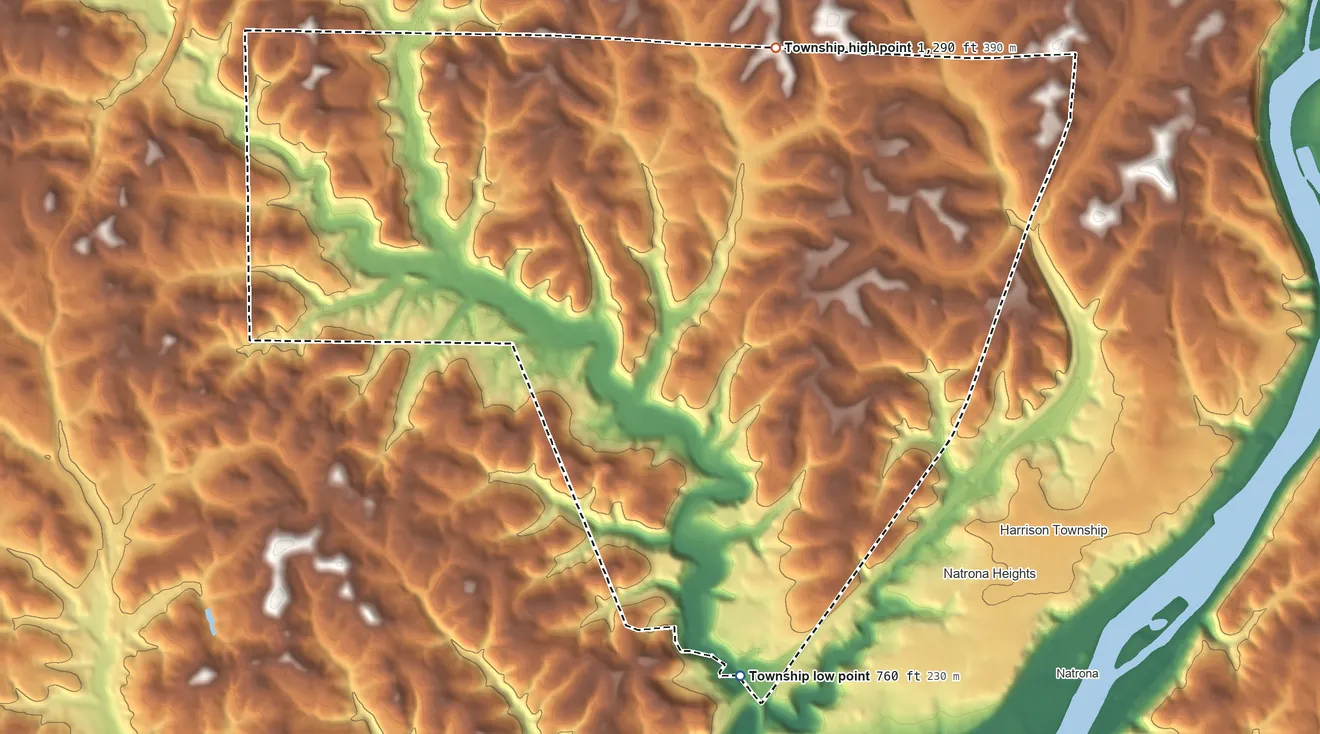Topographic elevation map of Fawn Township, Allegheny County, Pennsylvania, shaded from 760 ft on the south side to 1,290 ft on the north side