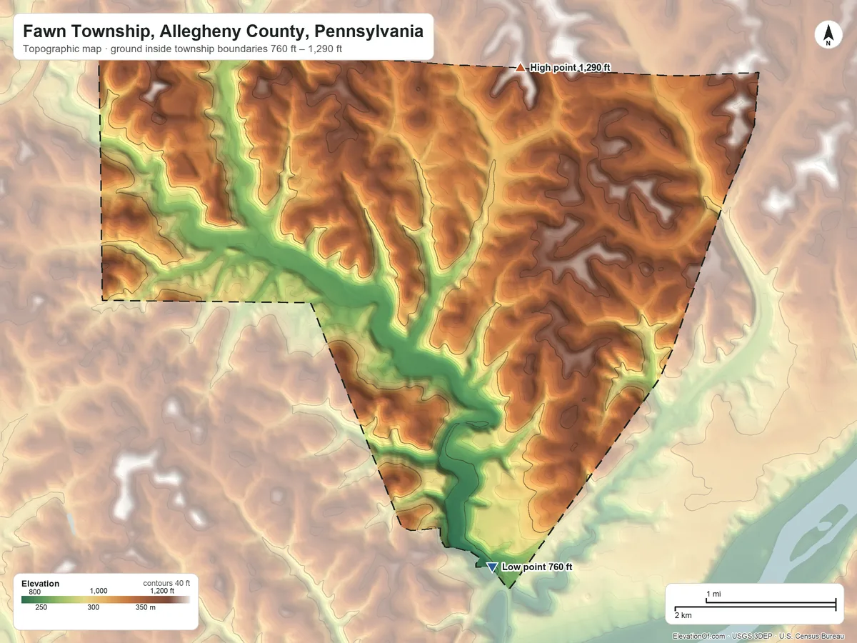 Topographic elevation map of Fawn Township, Allegheny County, Pennsylvania, shaded from 760 ft on the south side to 1,290 ft on the north side