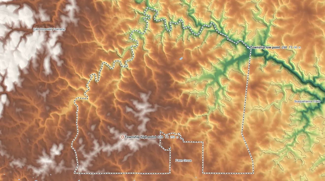 Topographic elevation map of Fawn Township, Pennsylvania, shaded from 290 ft on the northeast side to 820 ft on the southwest side