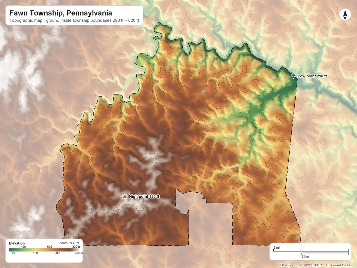 Topographic elevation map of Fawn Township, Pennsylvania, shaded from 290 ft on the northeast side to 820 ft on the southwest side