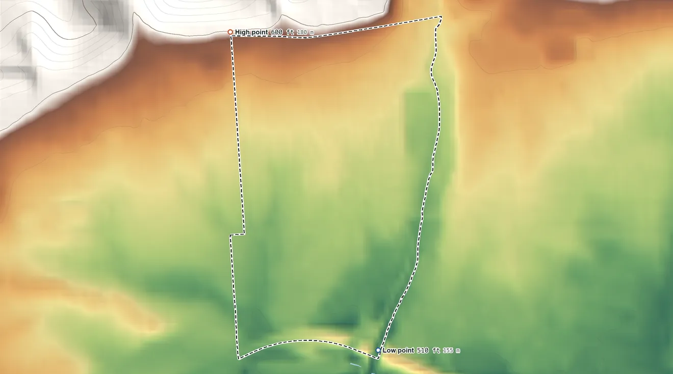 Topographic elevation map of Faxon, Pennsylvania, shaded from 510 ft on the south side to 600 ft on the northwest edge, below higher ground just outside