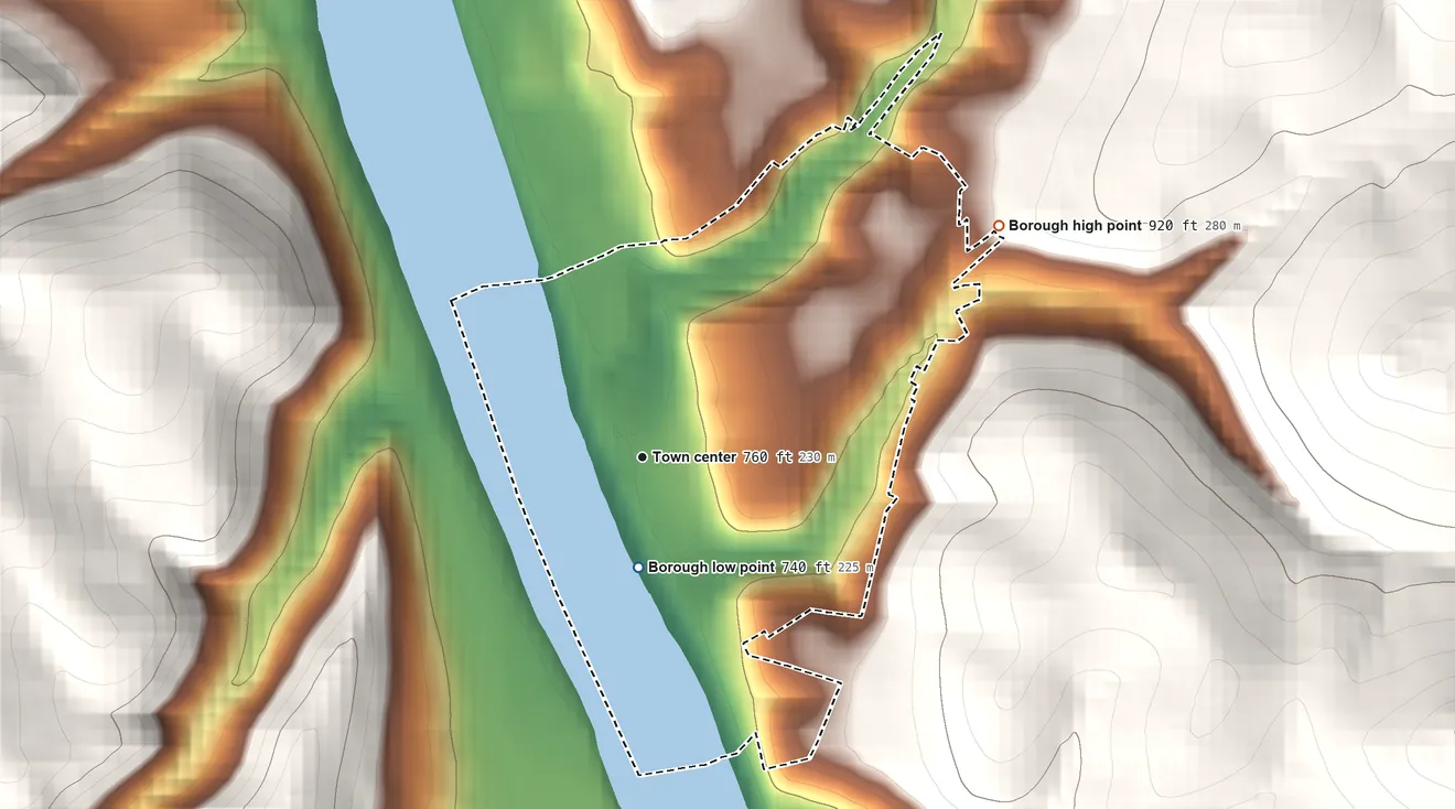 Topographic elevation map of Fayette City, Pennsylvania, shaded from 740 ft on the south side to 920 ft on the northeast edge, below higher ground just outside