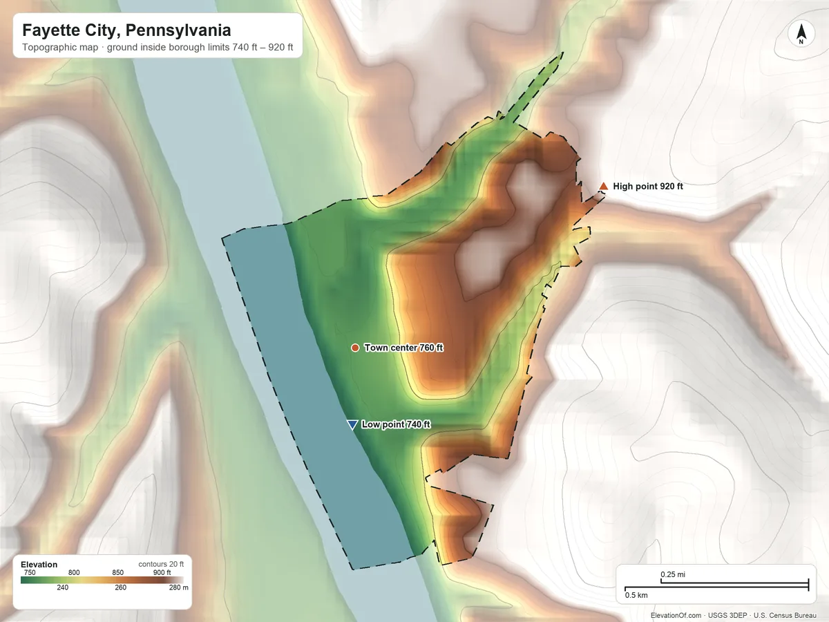 Topographic elevation map of Fayette City, Pennsylvania, shaded from 740 ft on the south side to 920 ft on the northeast edge, below higher ground just outside