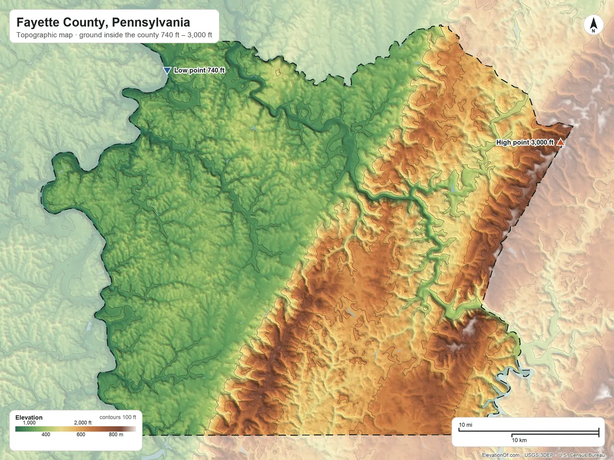 Topographic elevation map of Fayette County, Pennsylvania, shaded from 740 ft on the northwest side to 3,000 ft on the east side