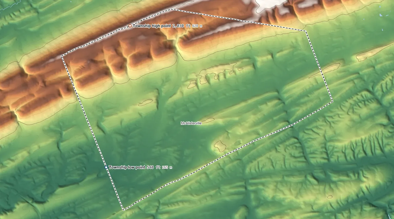Topographic elevation map of Fayette Township, Pennsylvania, shaded from 540 ft on the southwest side to 2,030 ft on the northwest side